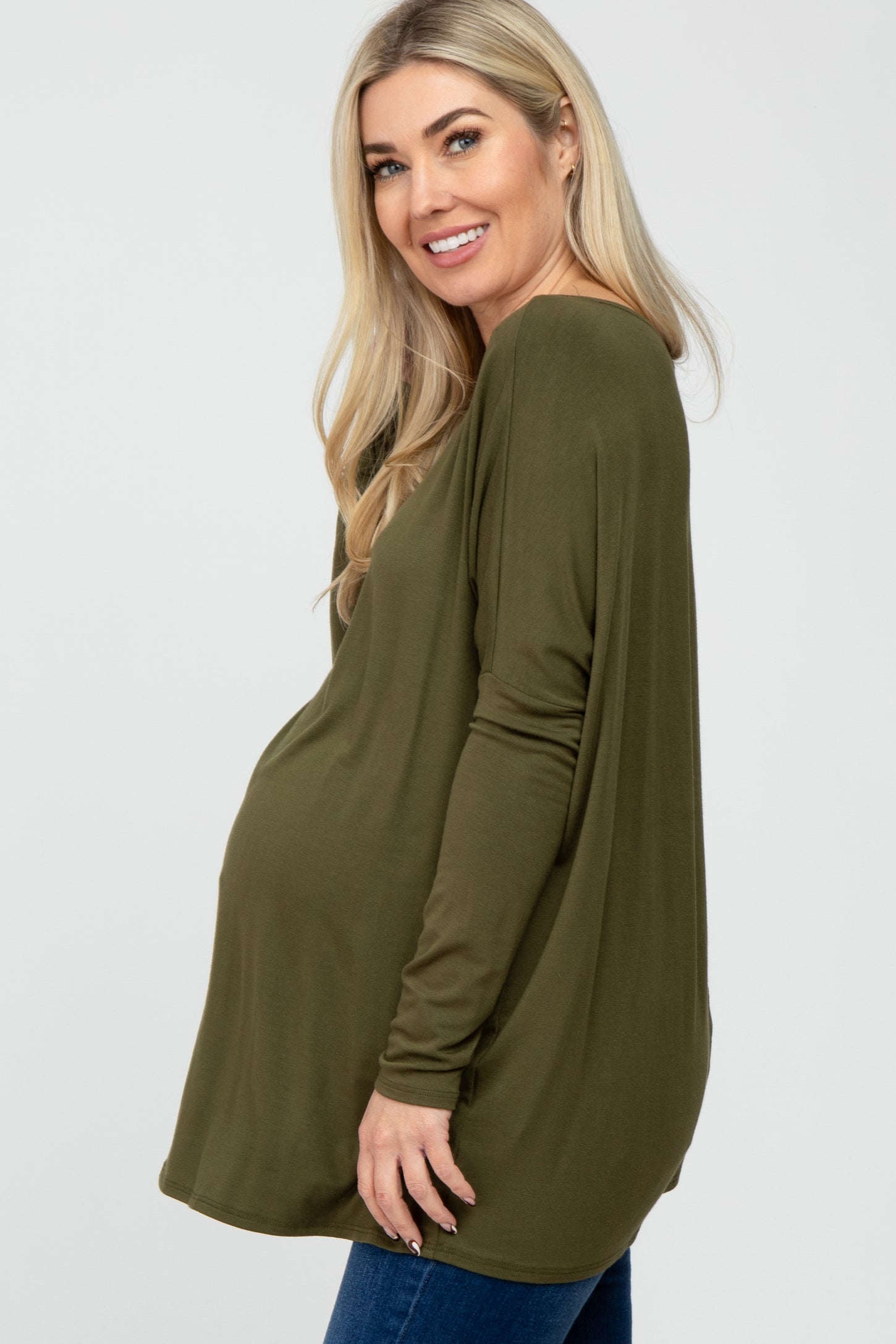 Olive Dolman Sleeve Maternity Tunic Top