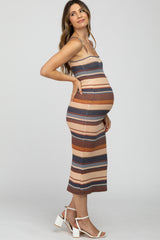 Multi-Color Striped Ribbed Fitted Maternity Midi Dress