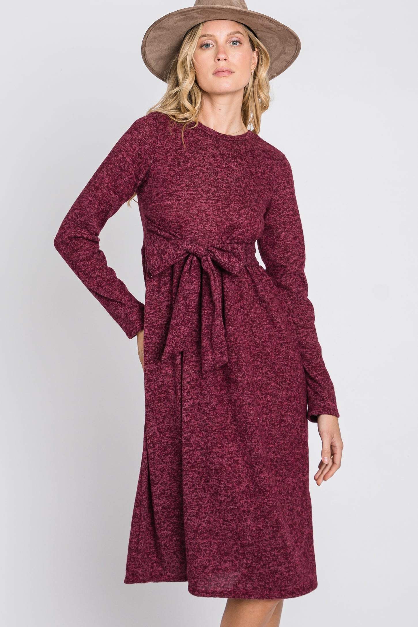 Burgundy Brushed Heathered Long Sleeve Dress