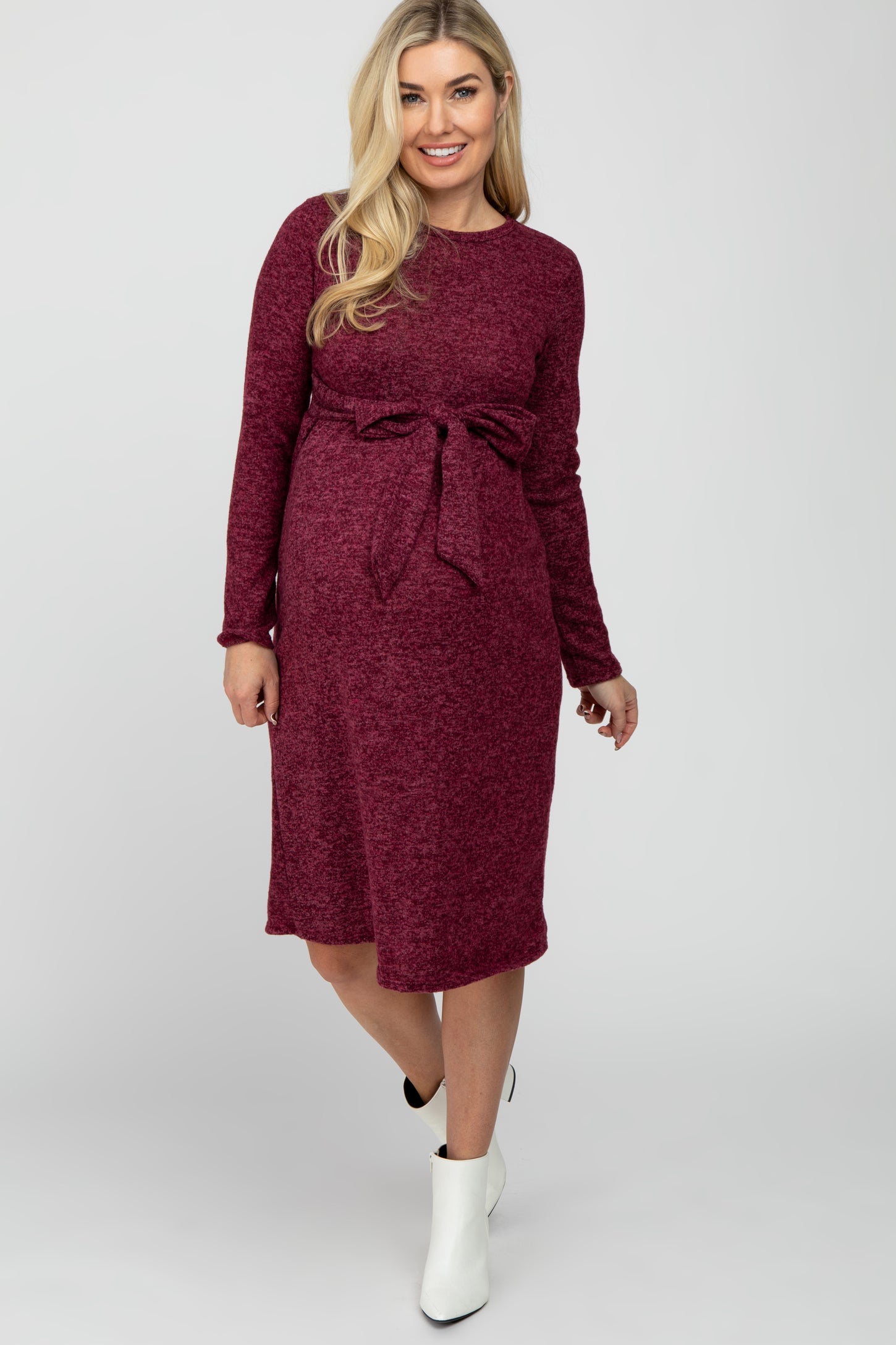 Burgundy Brushed Heathered Long Sleeve Maternity Dress
