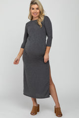Charcoal French Terry Side Slit Maternity Maxi Dress