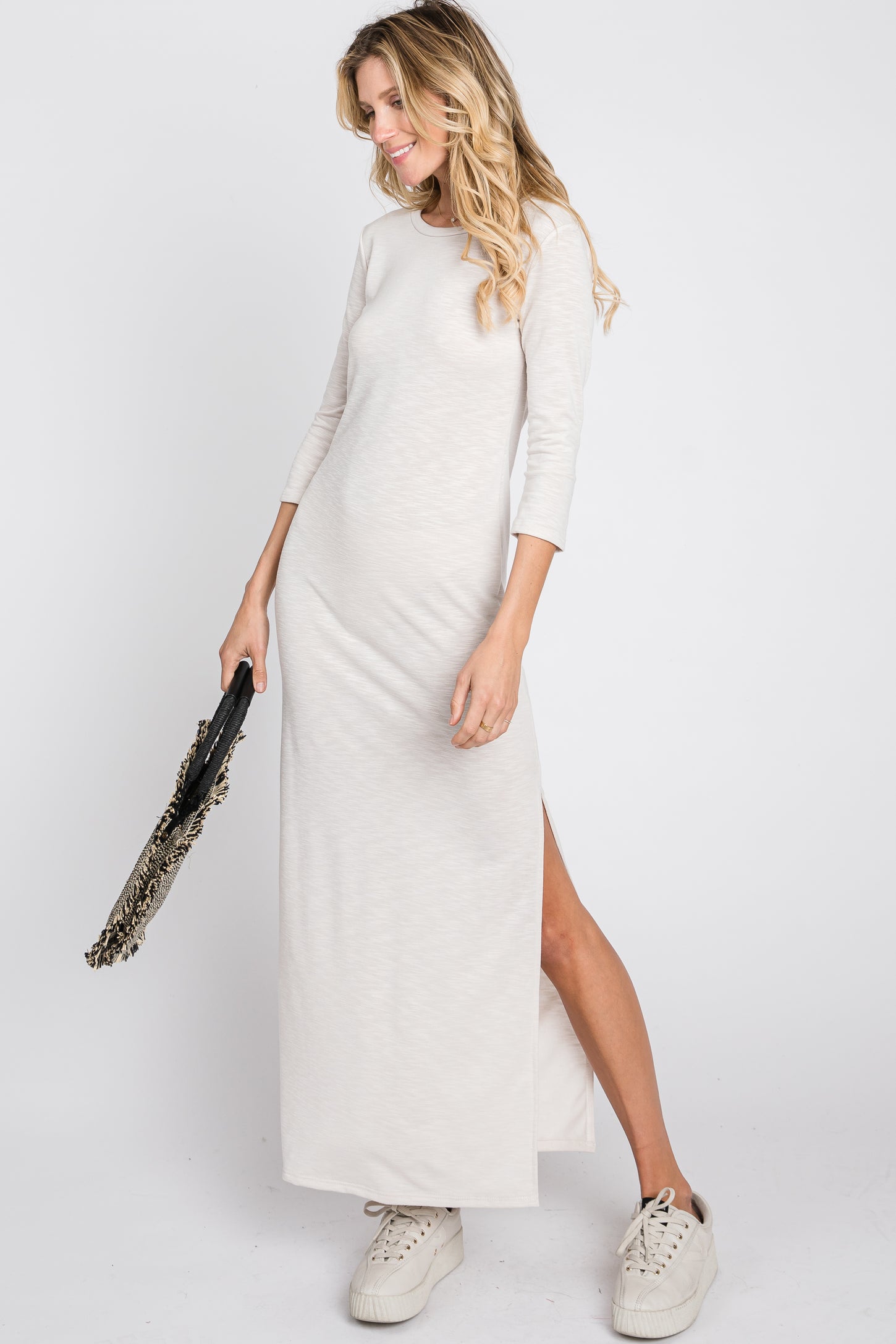 Ivory French Terry Side Slit Maternity Maxi Dress