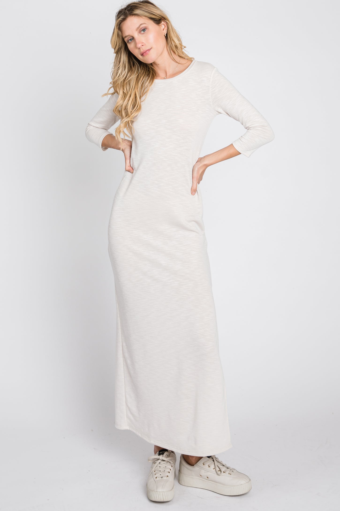 Ivory French Terry Side Slit Maternity Maxi Dress