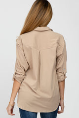 Beige Hi Low Button Up Collared Maternity Top