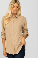 Beige Hi Low Button Up Collared Maternity Top