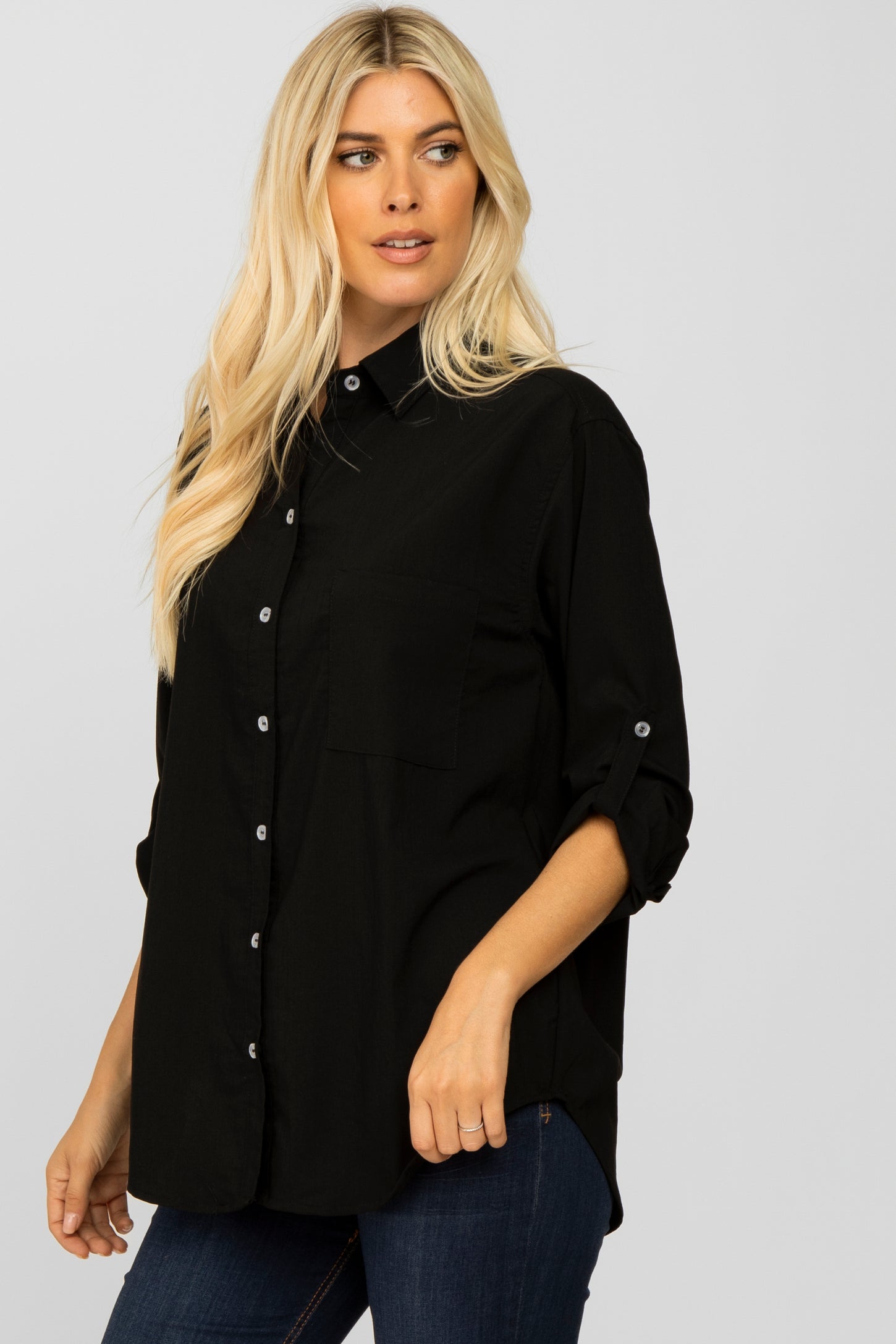 Black Hi Low Button Up Collared Top
