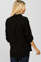 Black Hi Low Button Up Collared Top