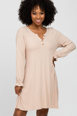 Beige Ribbed Button Front Long Ruffle Sleeve Dress