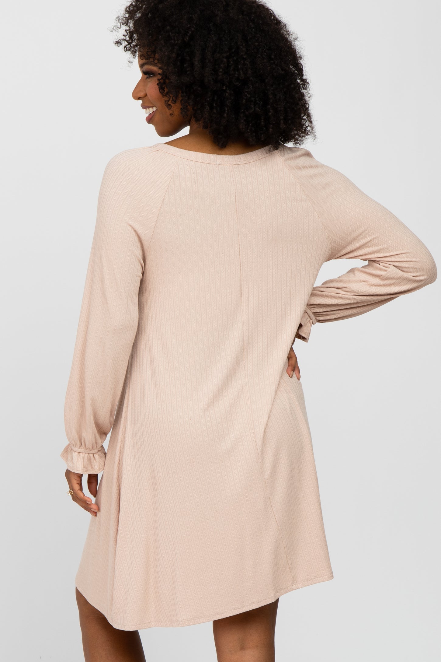 Beige Ribbed Button Front Long Ruffle Sleeve Dress