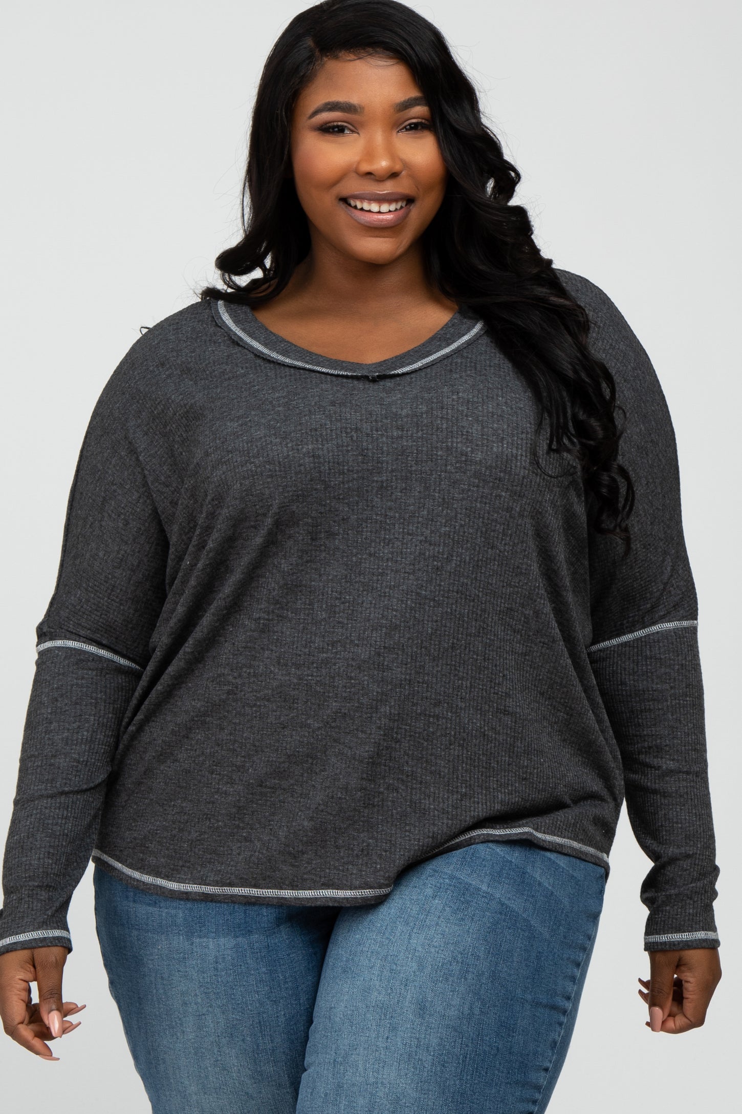 Charcoal Contrast Stitch Maternity Plus Dolman Sleeve Top