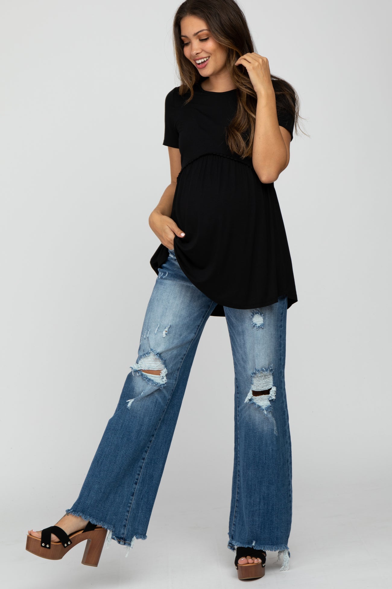 Blue Distressed Maternity Flare Jeans PinkBlush