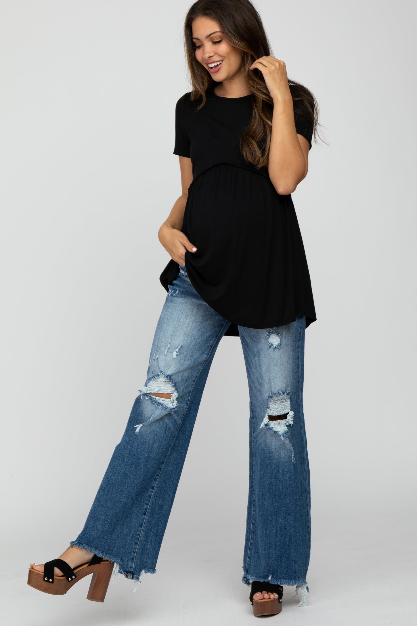 Blue Distressed Maternity Flare Jeans PinkBlush