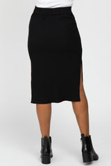 Black Ribbed Side Slit Midi Skirt