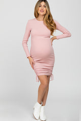 Pink Ribbed Long Sleeve Ruched Maternity Dress