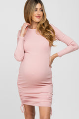 Pink Ribbed Long Sleeve Ruched Maternity Dress