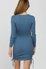 Blue Ribbed Long Sleeve Ruched Maternity Dress