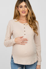 Beige Ribbed Henley Maternity Long Sleeve Top
