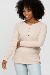 Beige Ribbed Henley Maternity Long Sleeve Top
