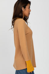 Yellow Waffle Knit Button Front Colorblock Top