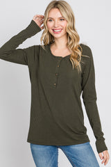 Olive Ribbed Button Front Top