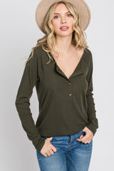 Olive Ribbed Button Front Top