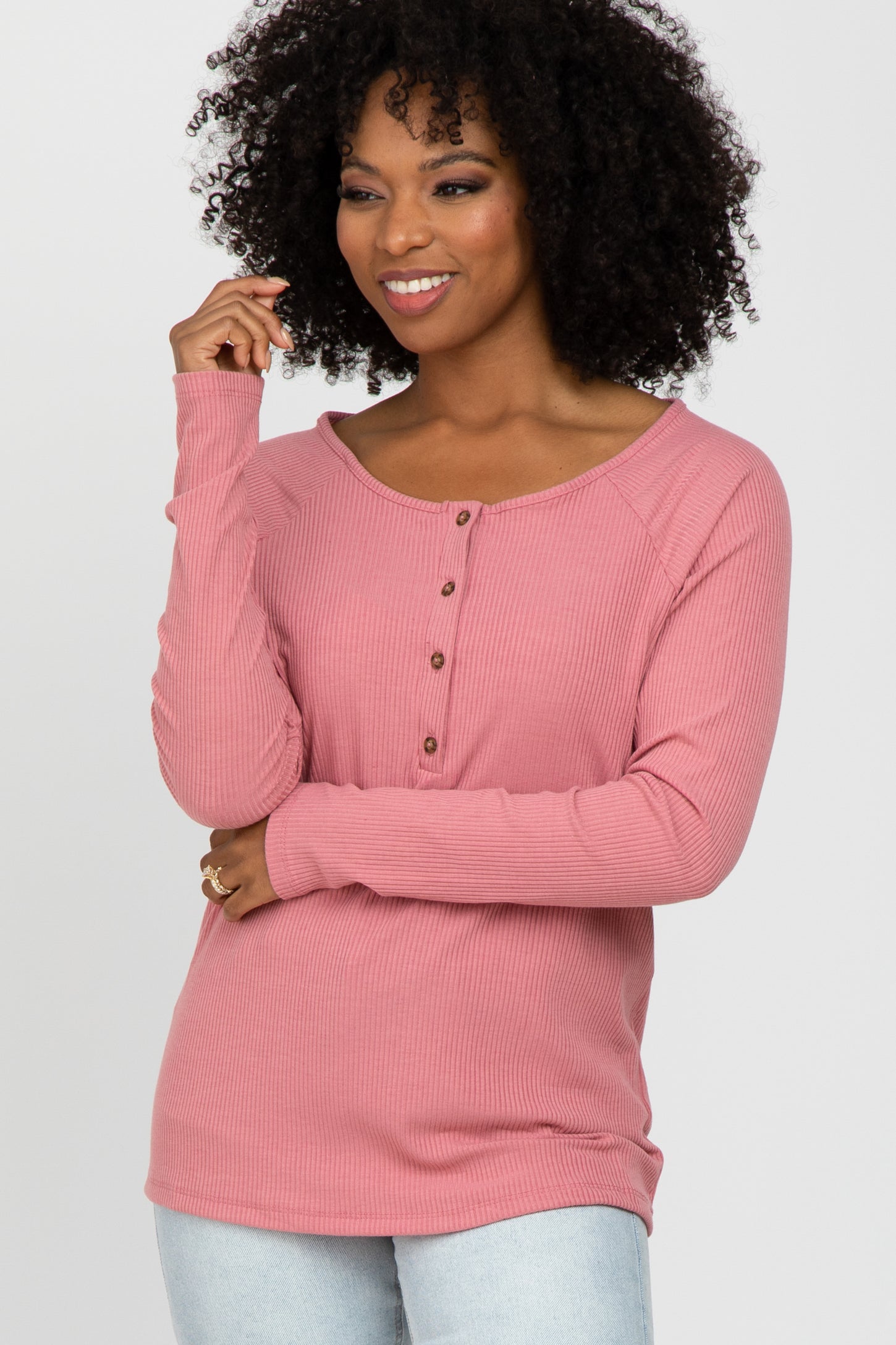 Pink Ribbed Button Front Maternity Top