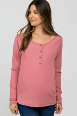 Pink Ribbed Button Front Maternity Top