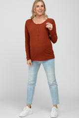 Rust Ribbed Button Front Maternity Top