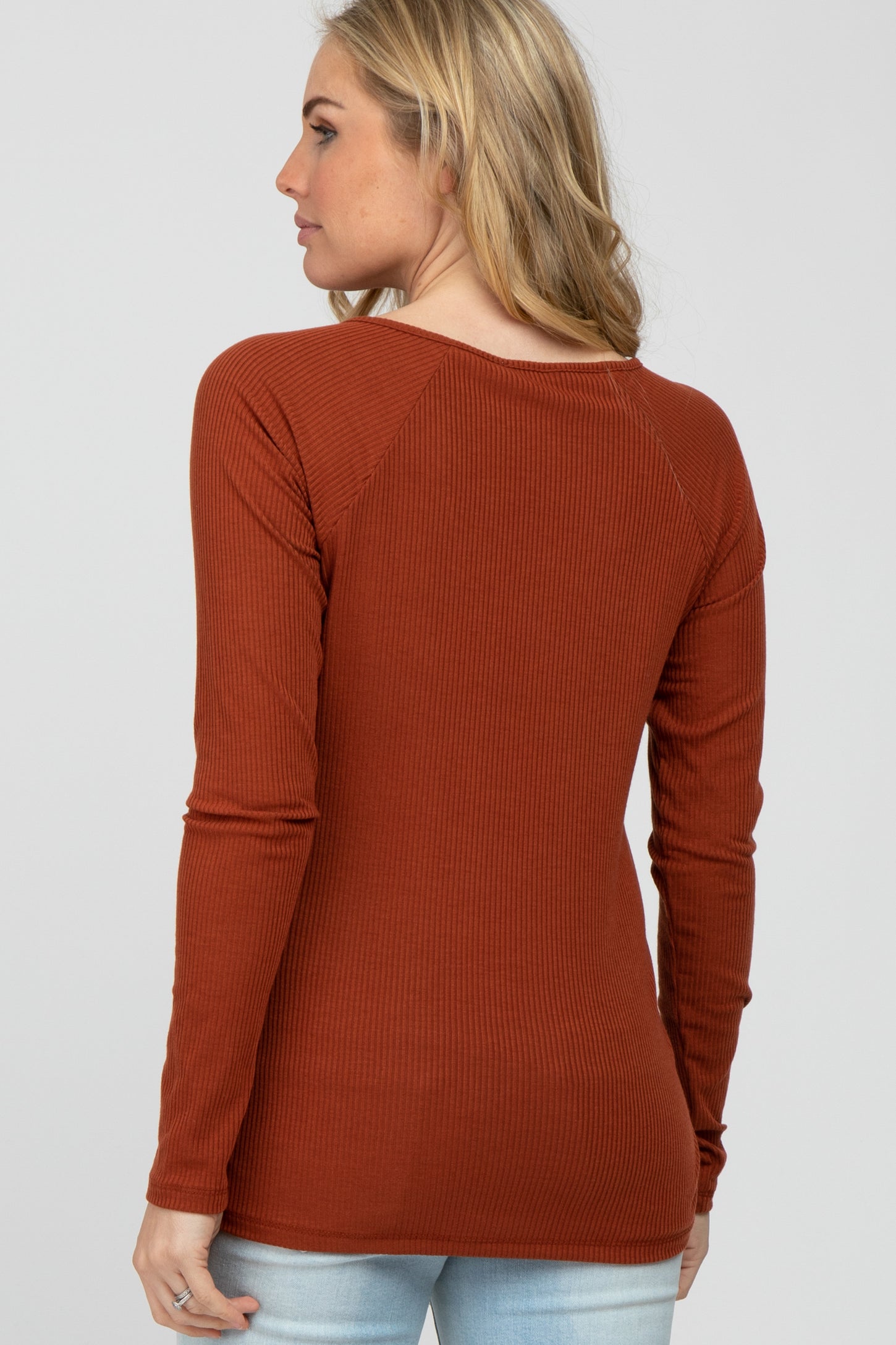 Rust Ribbed Button Front Maternity Top