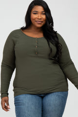 Olive Ribbed Button Front Plus Top