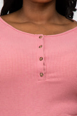 Pink Ribbed Button Front Plus Top