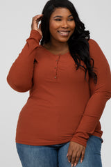 Rust Ribbed Button Front Maternity Plus Top