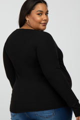 Black Ribbed Button Front Maternity Plus Top