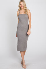 Grey Ribbed Square Neck Sleeveless Midi Dress