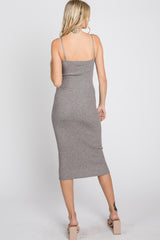 Grey Ribbed Square Neck Sleeveless Midi Dress