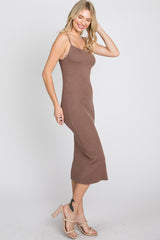 Mocha Ribbed Square Neck Sleeveless Midi Dress