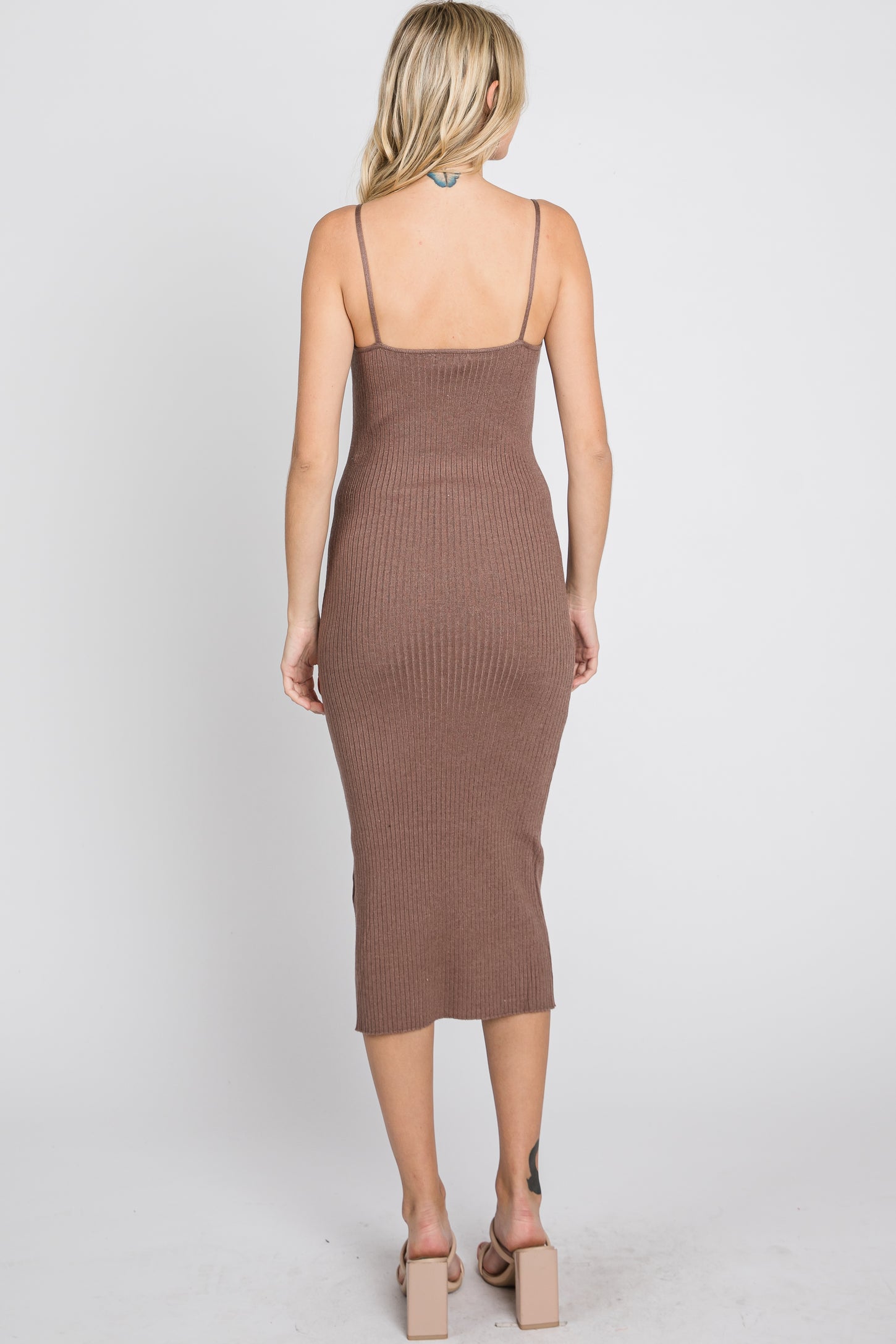Mocha Ribbed Square Neck Sleeveless Midi Dress