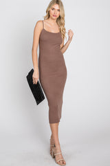 Mocha Ribbed Square Neck Sleeveless Midi Dress