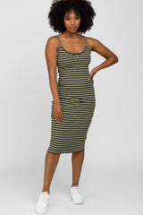 Olive Striped Lettuce Trim Fitted Dress