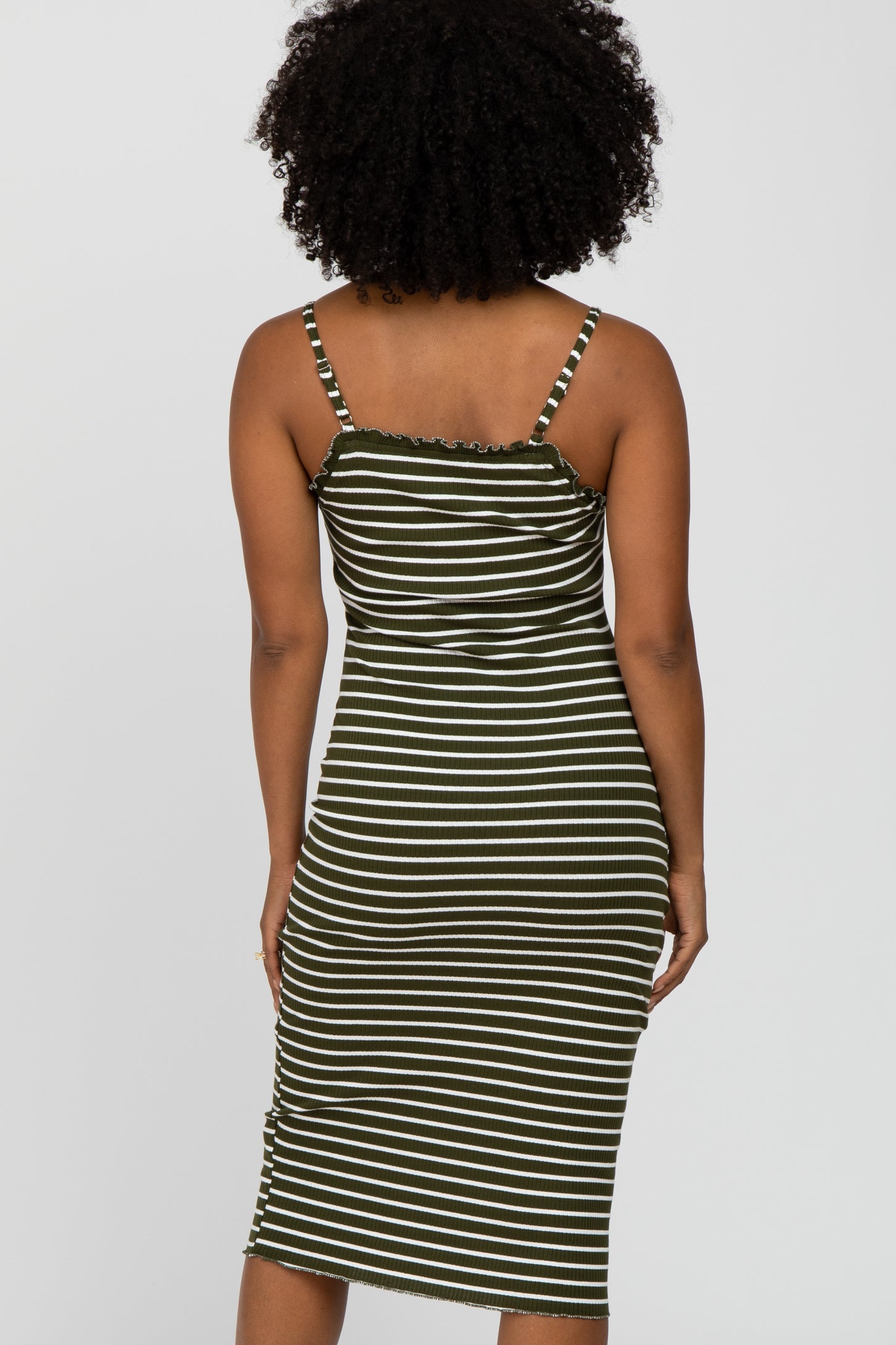 Olive Striped Lettuce Trim Fitted Dress