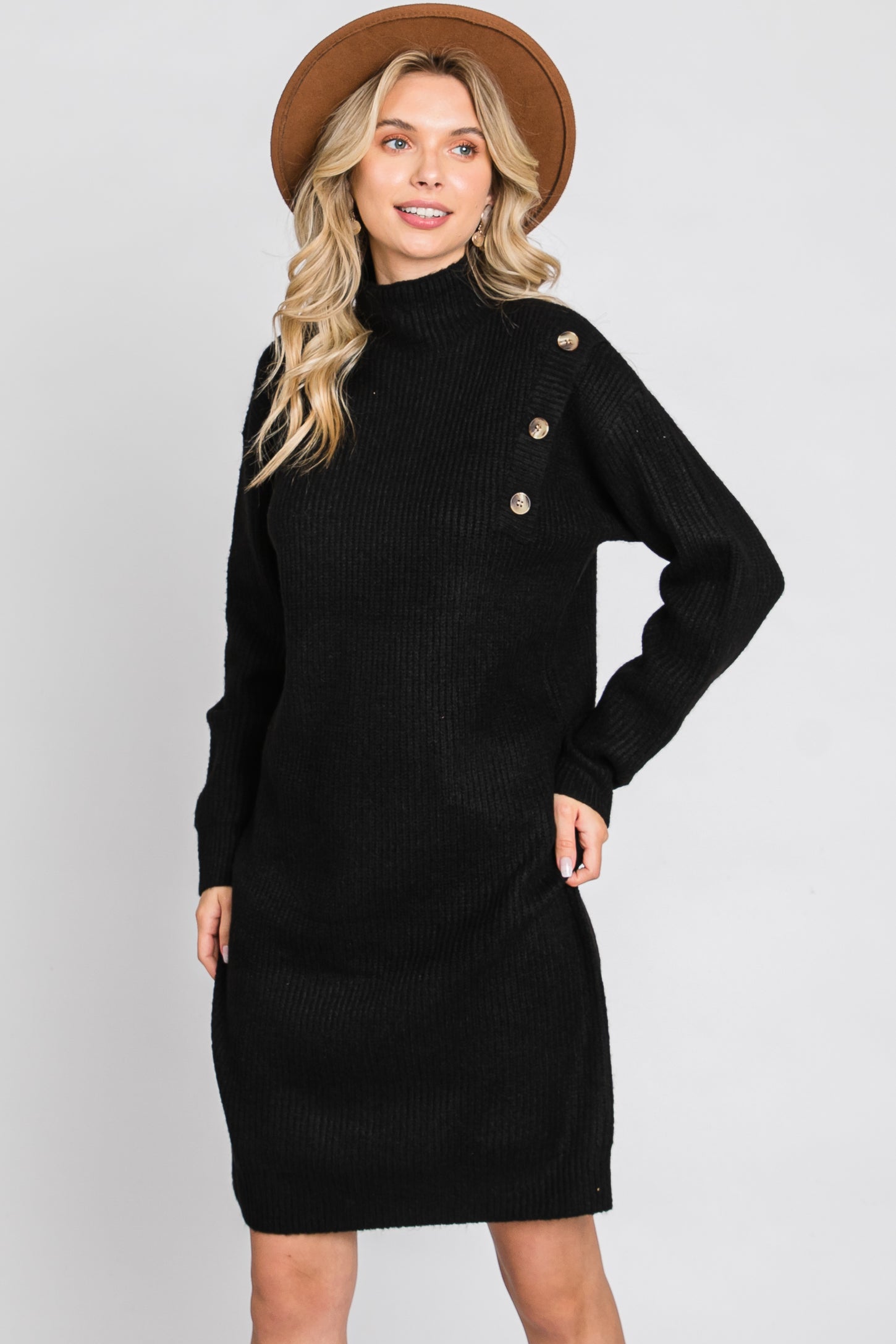 Black Mock Neck Button Shoulder Sweater Dress