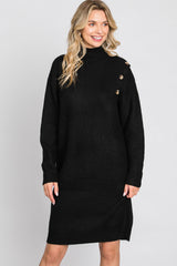Black Mock Neck Button Shoulder Sweater Dress