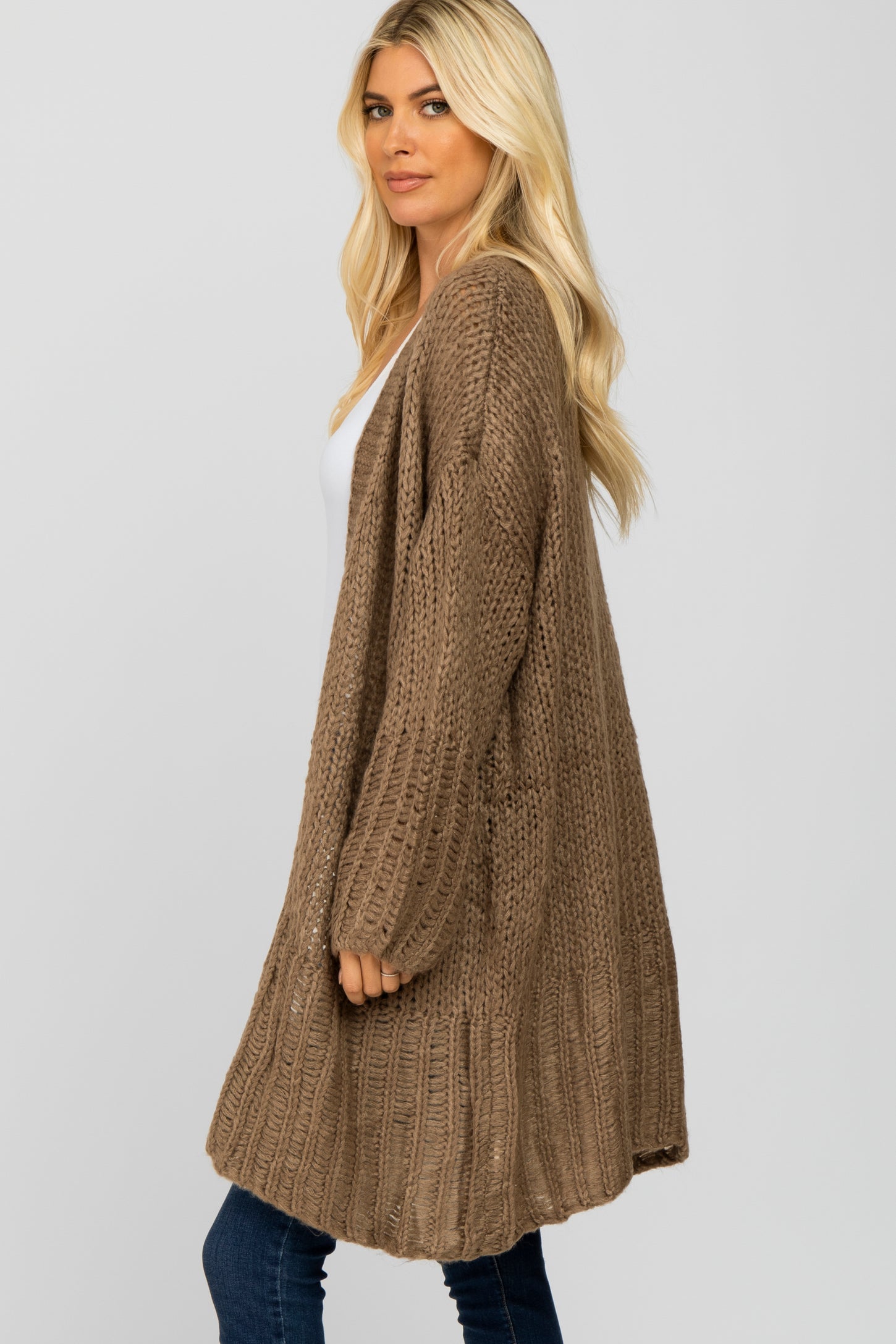 Taupe Open Knit Cardigan Sweater