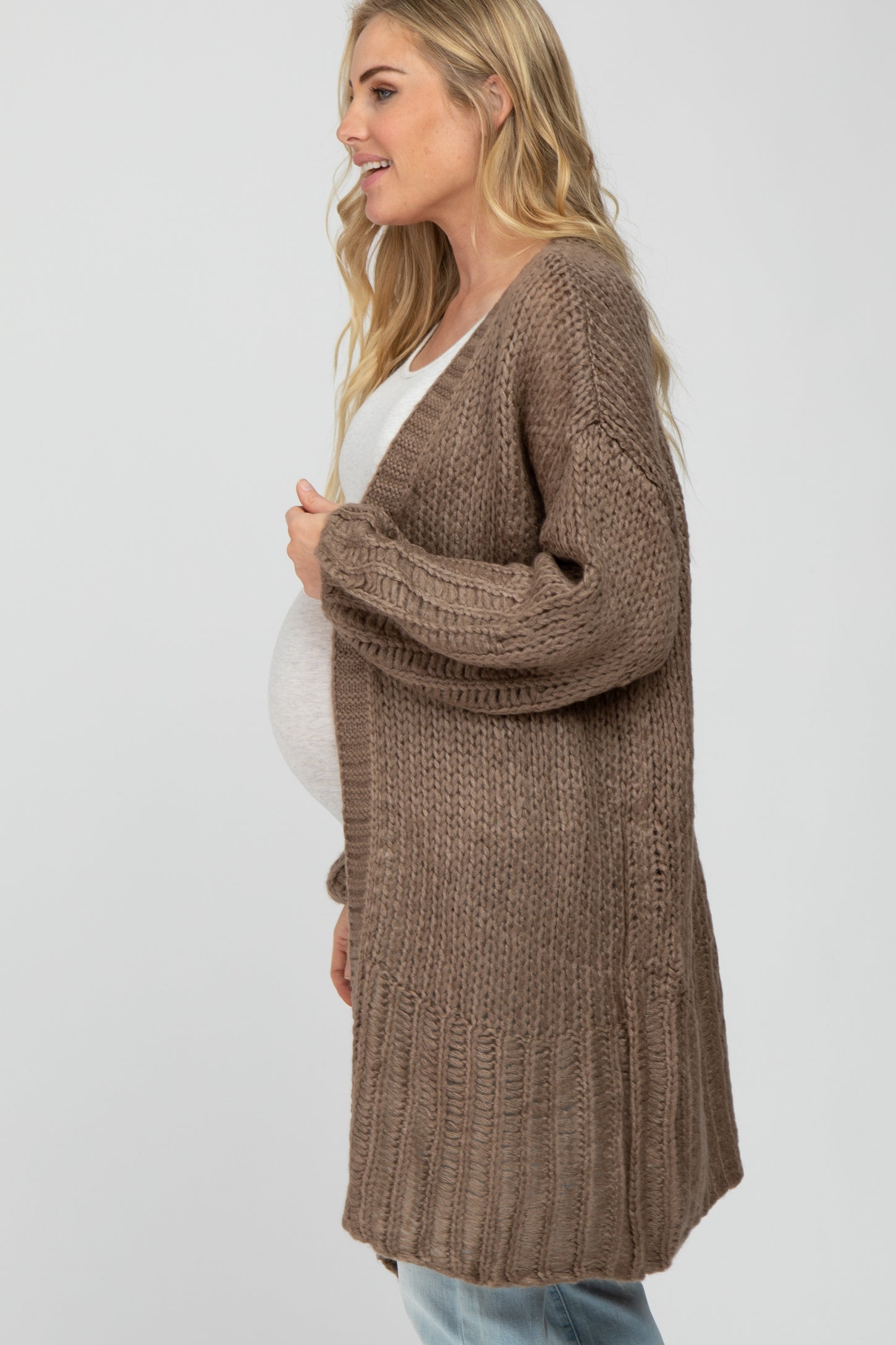 Taupe Open Knit Maternity Cardigan Sweater