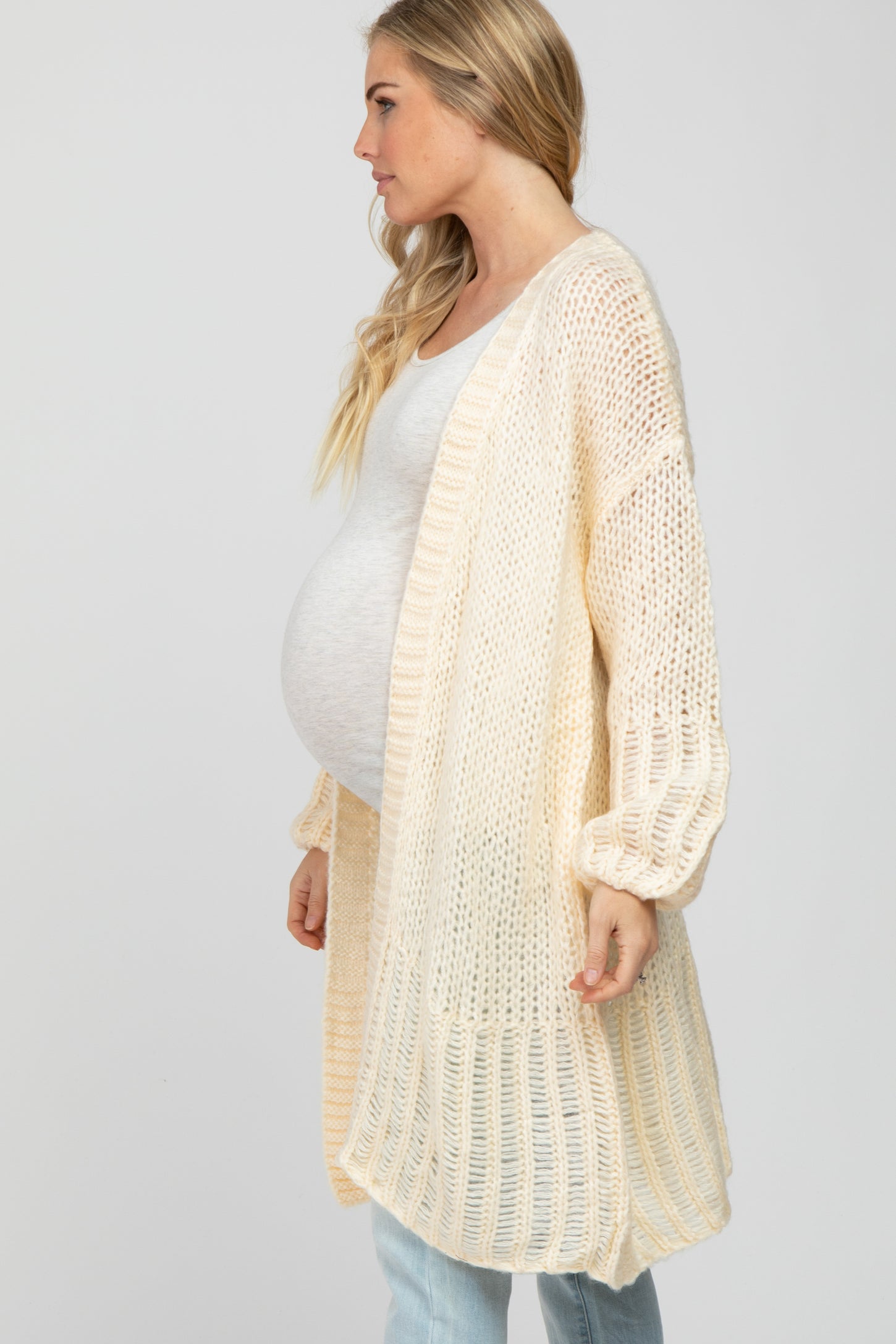 Cream Open Knit Maternity Cardigan Sweater