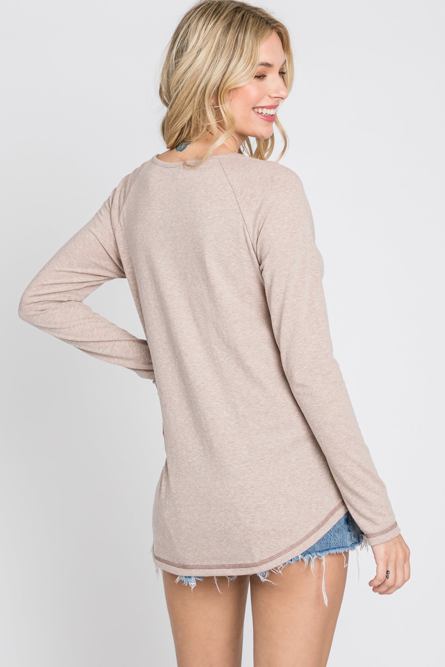 Taupe Contrast Stitched Long Sleeve Top