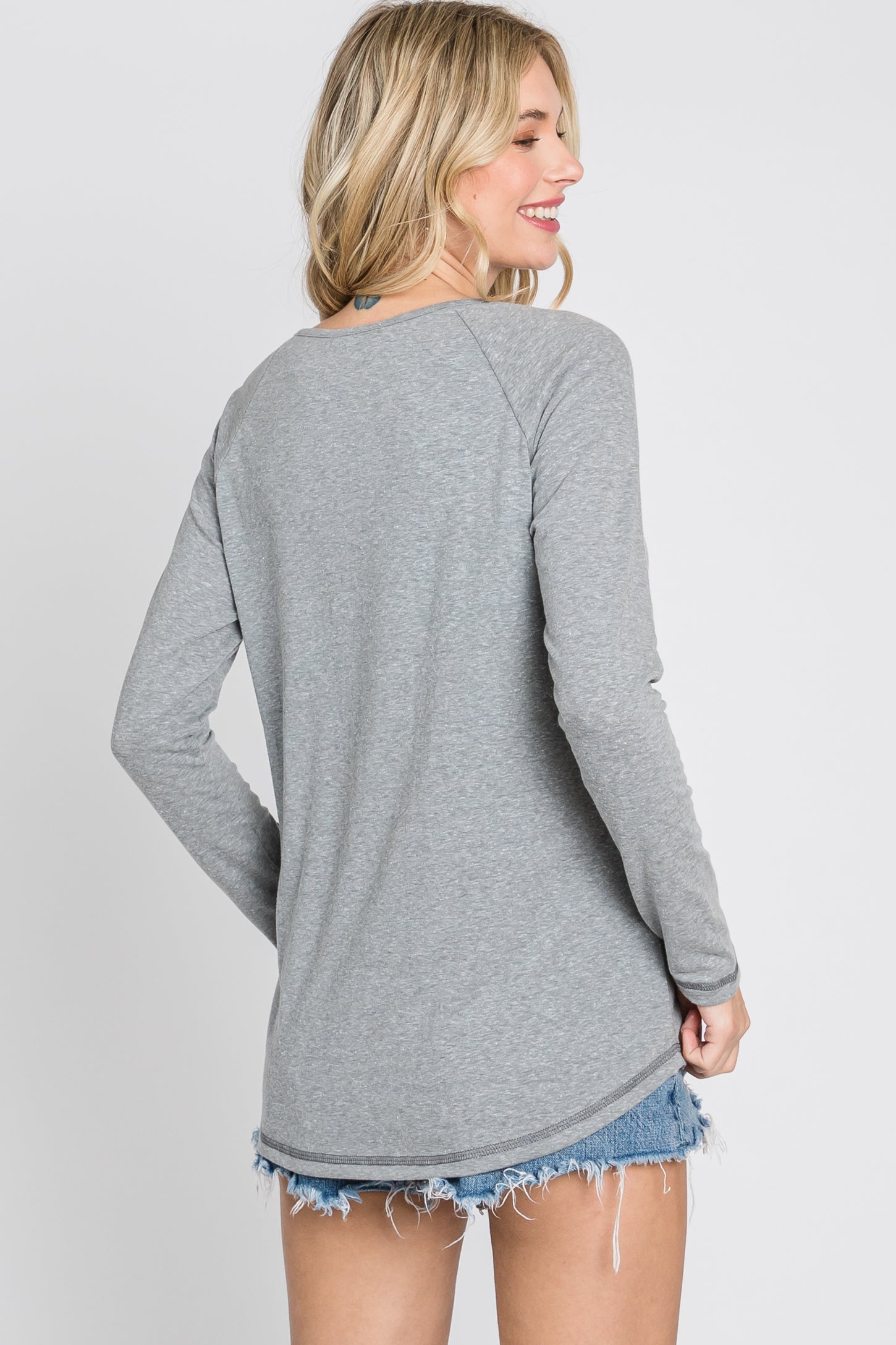 Grey Contrast Stitched Long Sleeve Top