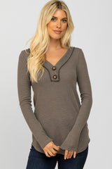 Charcoal Waffle Knit Button Accent Top