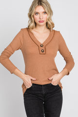 Camel Waffle Knit Button Accent Top