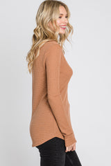 Camel Waffle Knit Button Accent Top